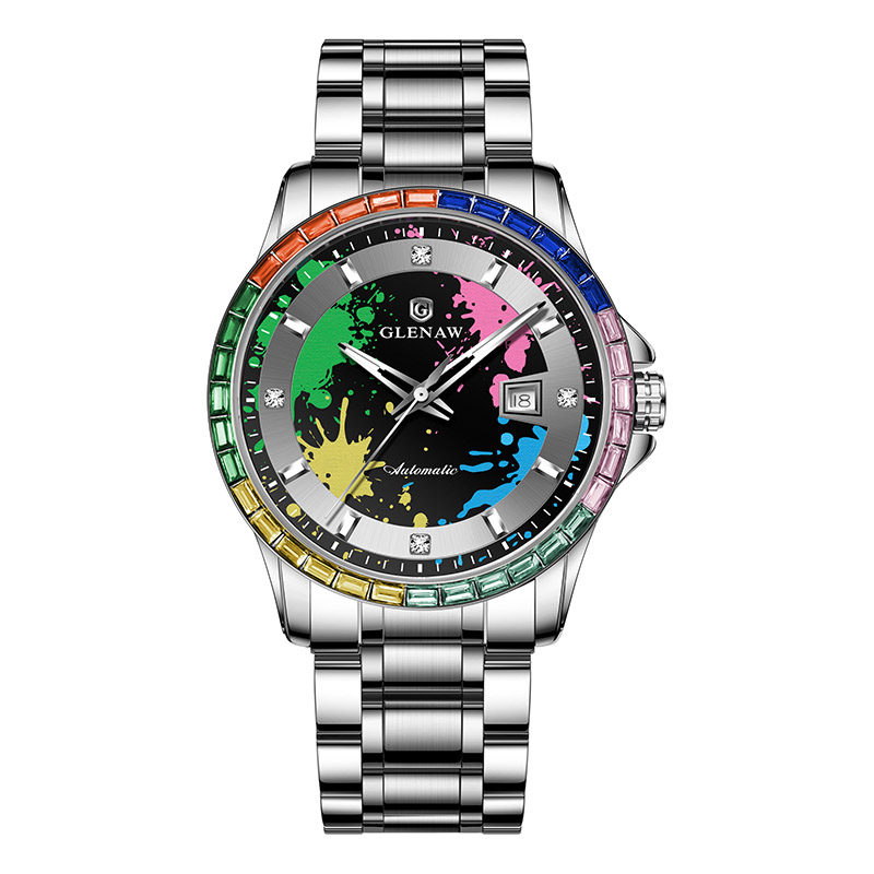 Men’s Mechanical Watch – Rainbow Crystal Bezel, Artistic Ink Dial, Stainless Steel