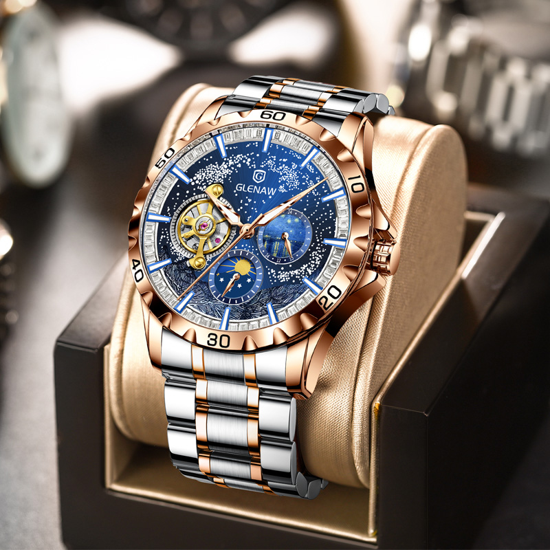 Men's Self-Winding Mechanical Watch – Starry Sky Dial, Skeleton Design, Sun & Moon, Gift