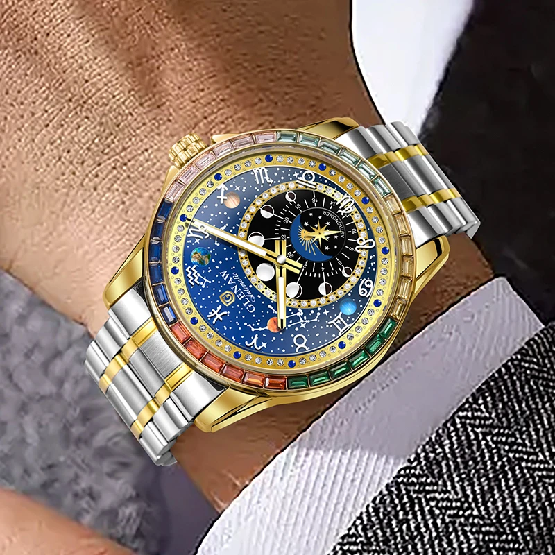 Men’s Starry Zodiac Automatic Mechanical Watch, 12 Constellation Rotating Dial, Colorful Crystal Bezel, Luminous Luxury Wristwatch
