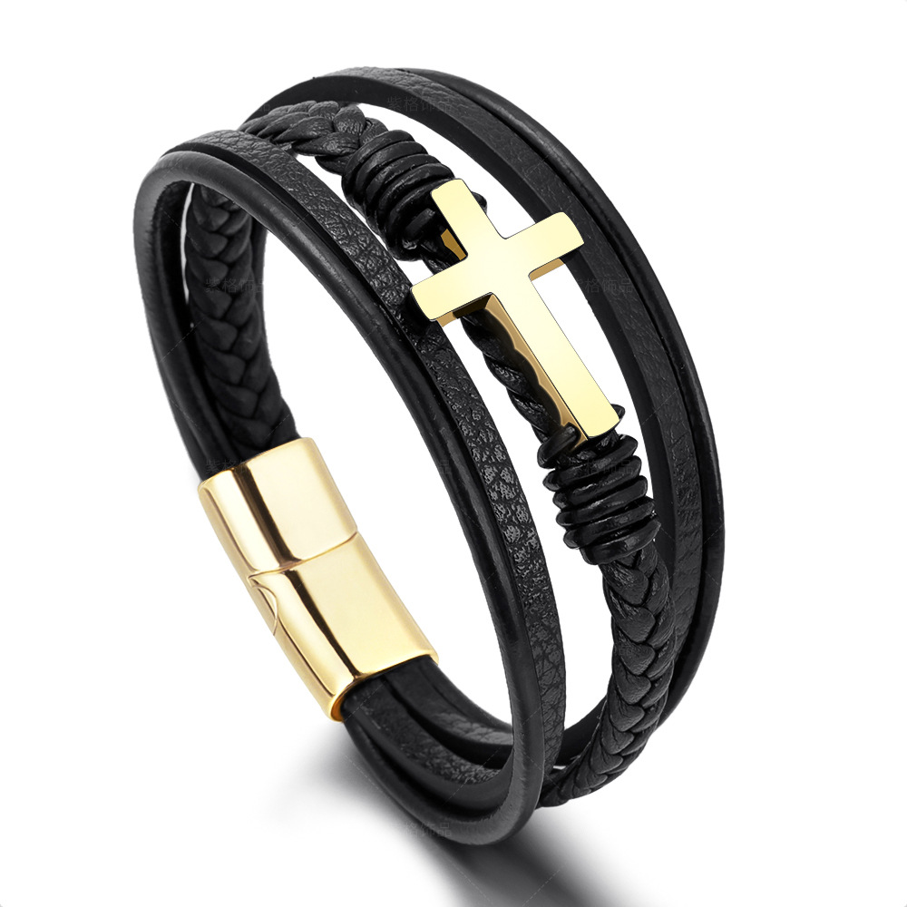Men Hand-woven leather cross bracelet-BUNNYKACHU