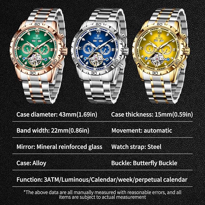 Men’s Automatic Tourbillon Watch, Skeleton Mechanical Wristwatch with Roman Dial