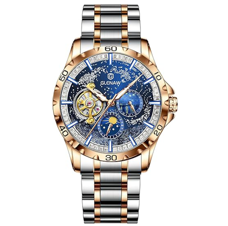 Men's Self-Winding Mechanical Watch – Starry Sky Dial, Skeleton Design, Sun & Moon, Gift