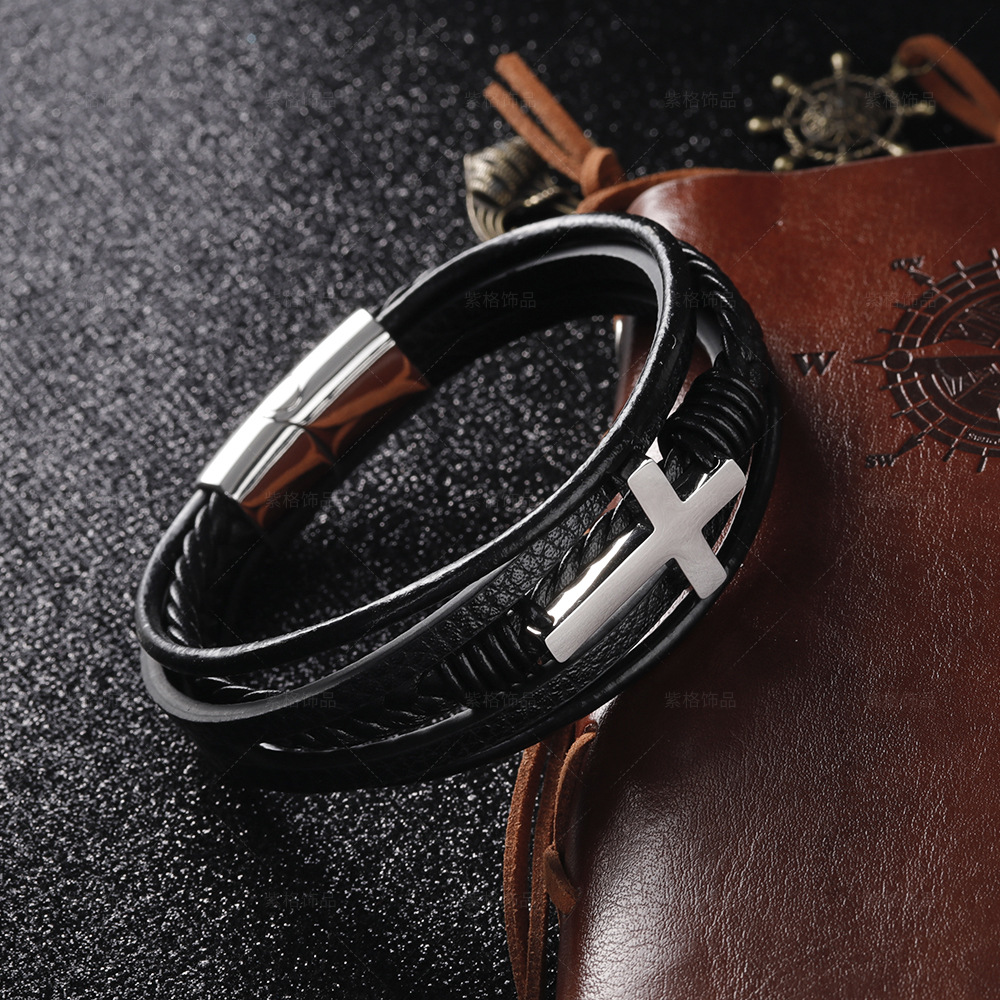 Men Hand-woven leather cross bracelet-BUNNYKACHU