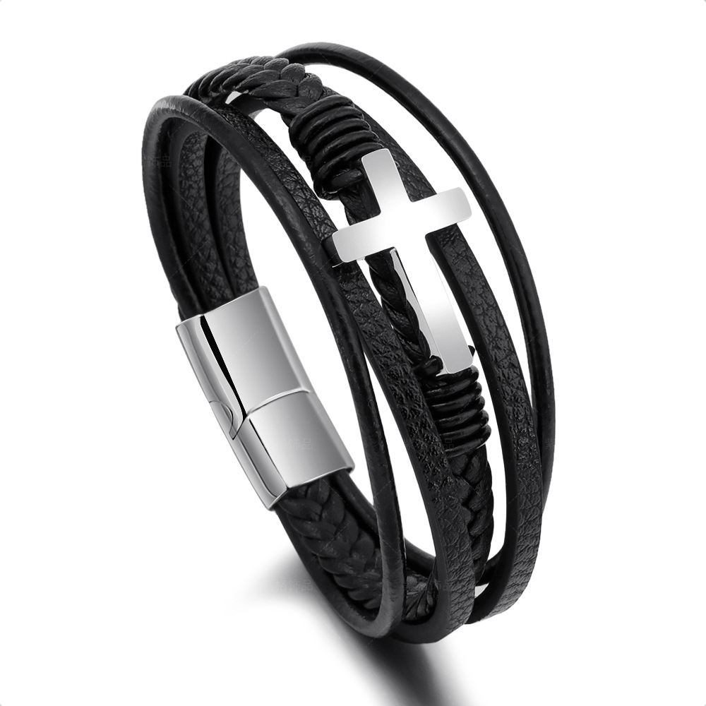 Men Hand-woven leather cross bracelet-BUNNYKACHU