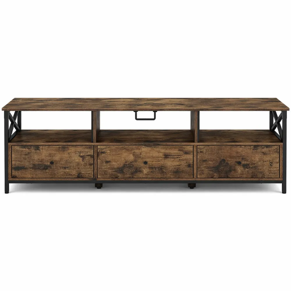 Mobile TV con 3 cassetti e scomparti aperti, per schermi fino a 80 pollici, struttura in acciaio e finitura vintage-Quiesden