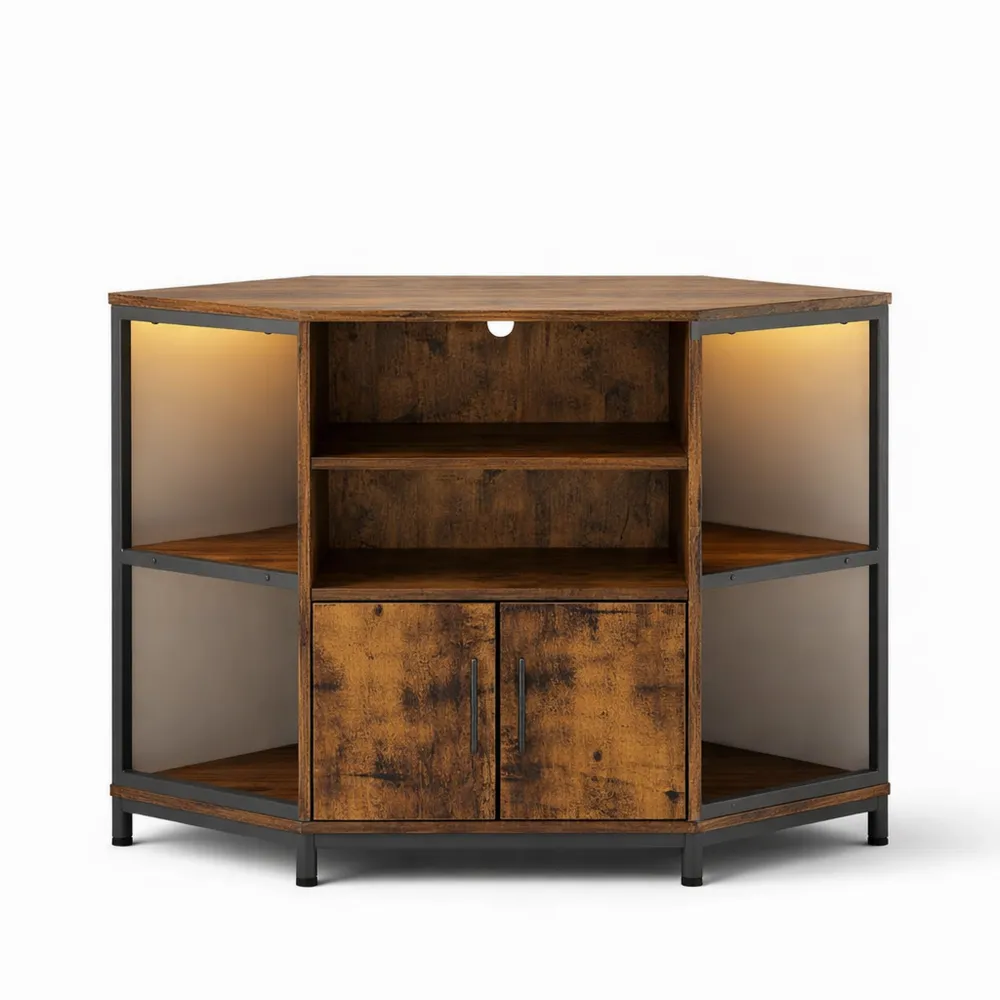 Carrello angolare per TV con luci LED, design industriale, marrone vintage-Quiesden