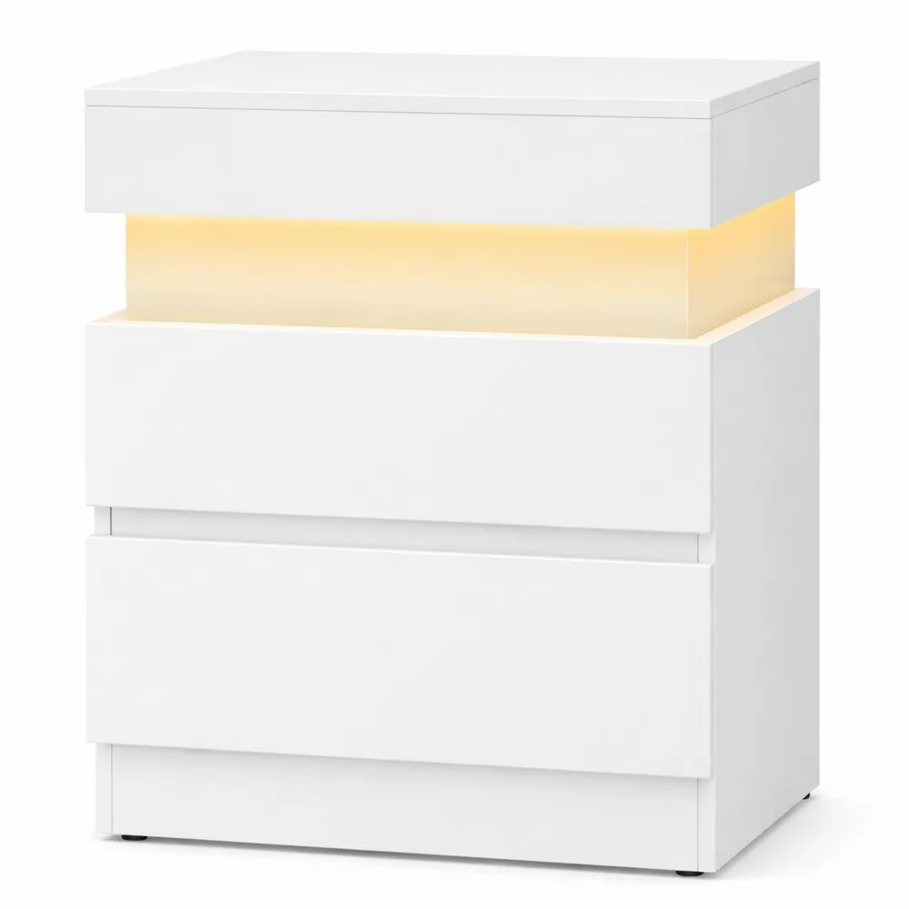 Comodino Moderno con Piano Scorrevole e LED, 2 Cassetti, Bianco-Quiesden