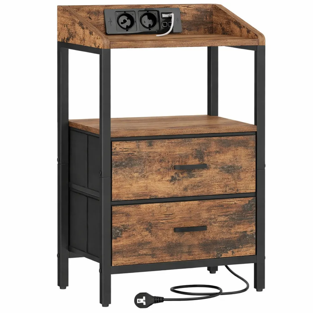 Comodino LED con Stazione di Ricarica e Porte USB, Tavolino Moderno per Camera da Letto e Soggiorno, Colore Marrone Vintage e Nero-Quiesden