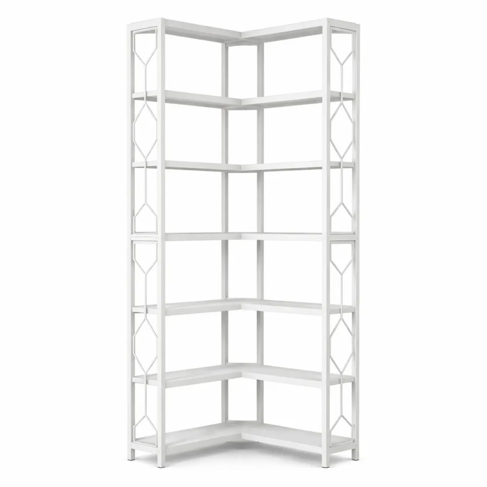 Libreria Angolare a 7 Livelli in Legno e Metallo per Soggiorno o Ufficio (Bianco)-Braydenest