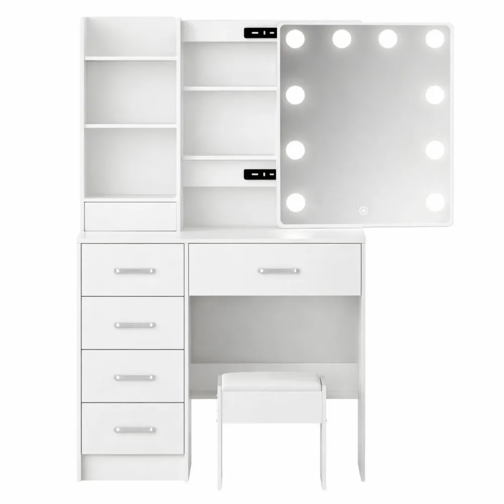 Tavolo da Trucco con Specchio e Luci LED Regolabili, Sgabello Incluso, 7 Cassetti, Bianca-Braydenest