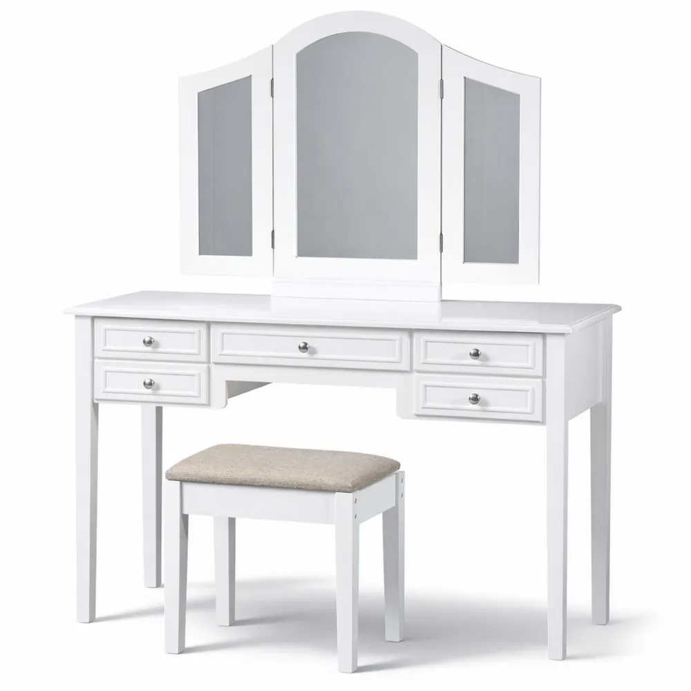 Toeletta da Trucco con Specchio e Sgabello in Legno Bianco-Braydenest