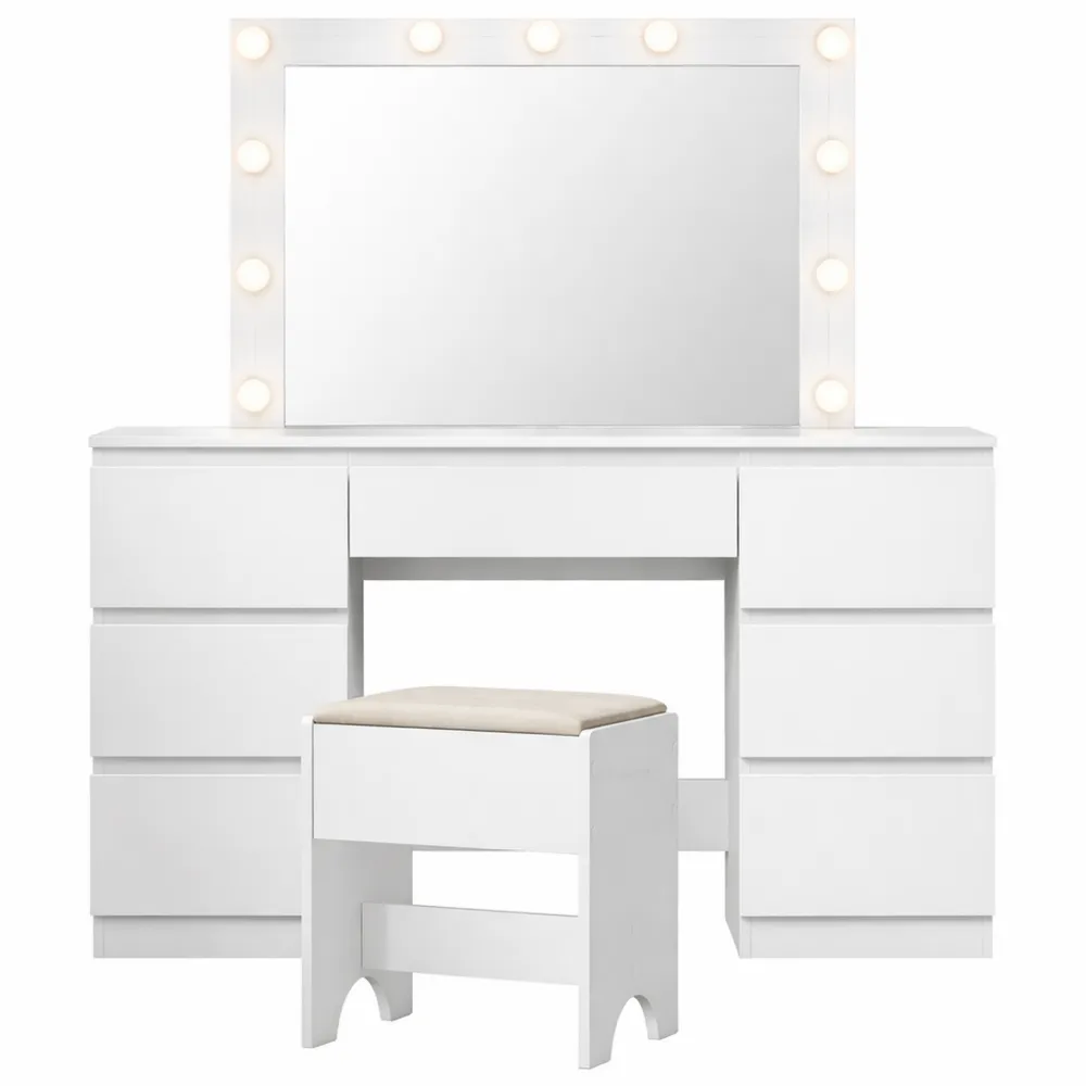 Tavolo da Trucco con Specchio e Luci Regolabili, 6 Cassetti, Bianco-Braydenest