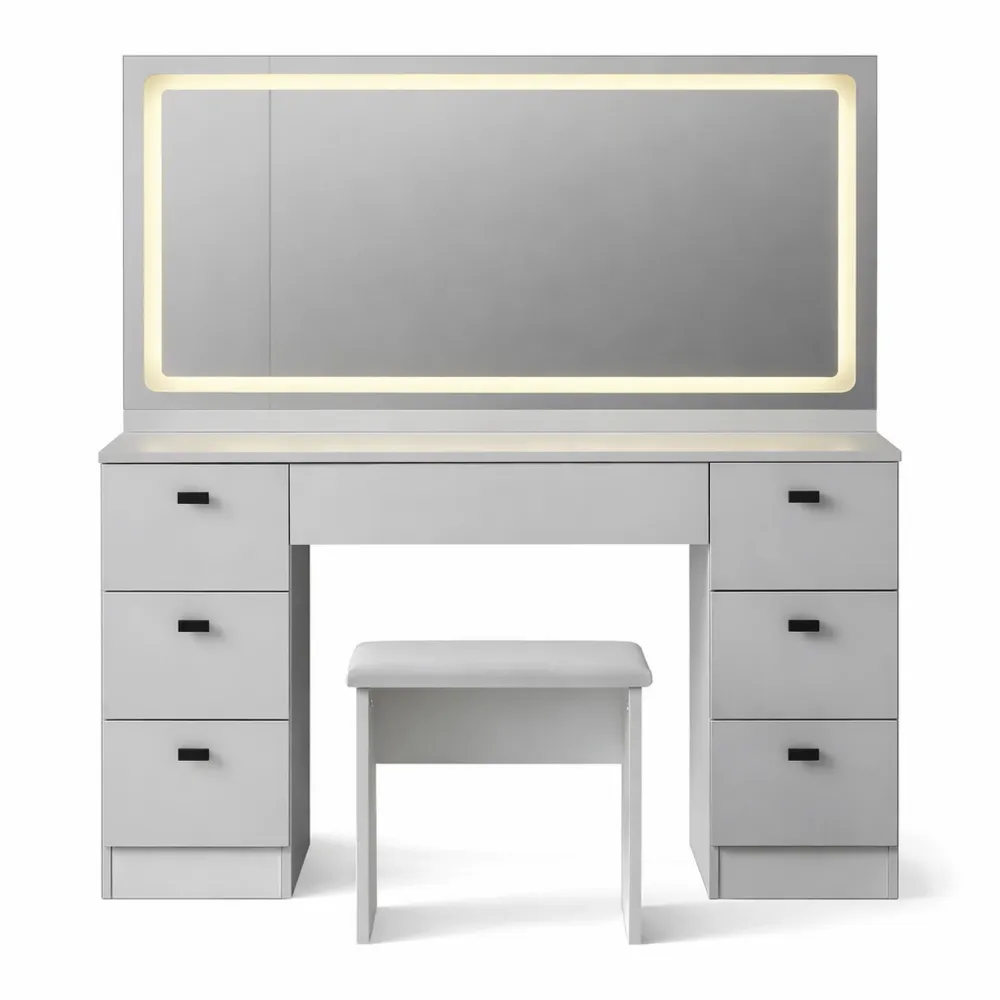 Tavolo da trucco con specchio LED, schermo touch, 7 cassetti e sgabello-Braydenest