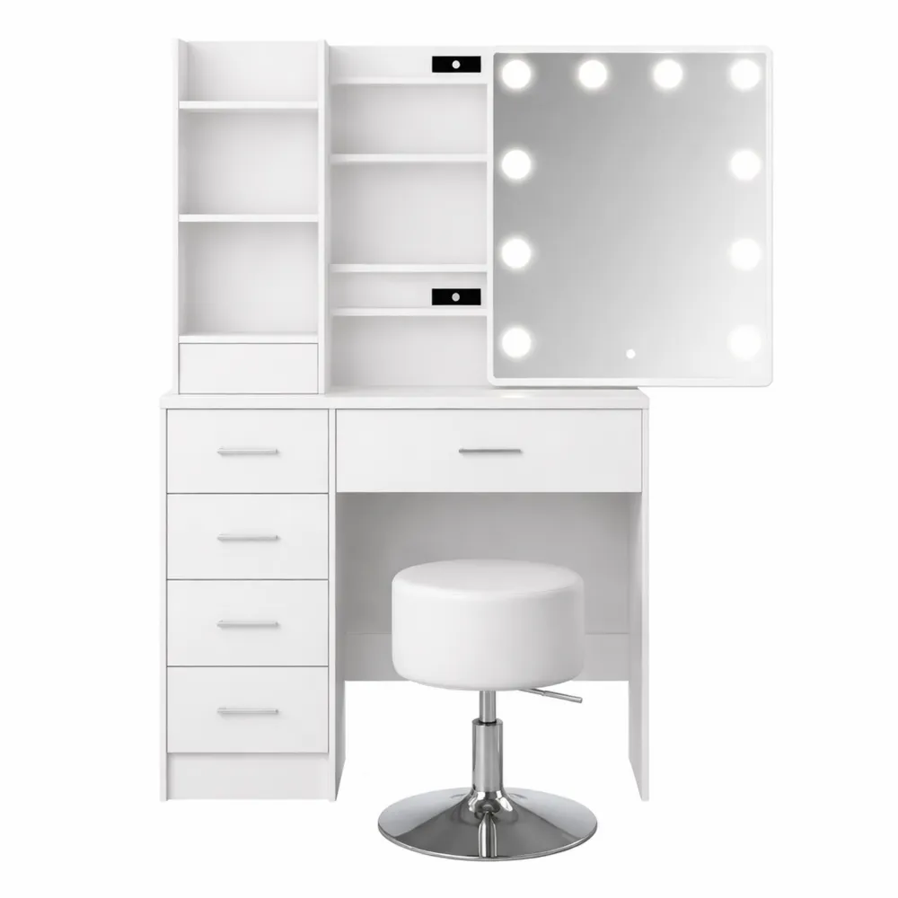 Tavolo da toeletta bianco con LED e sgabello, 80 cm-Braydenest