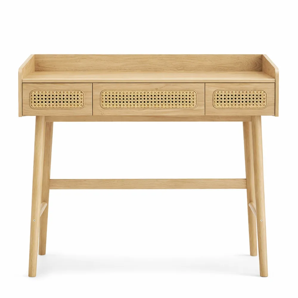 Tavolo da Toeletta con Specchio e Luce, 3 Cassetti Effetto Rattan, Rovere Beige-Braydenest