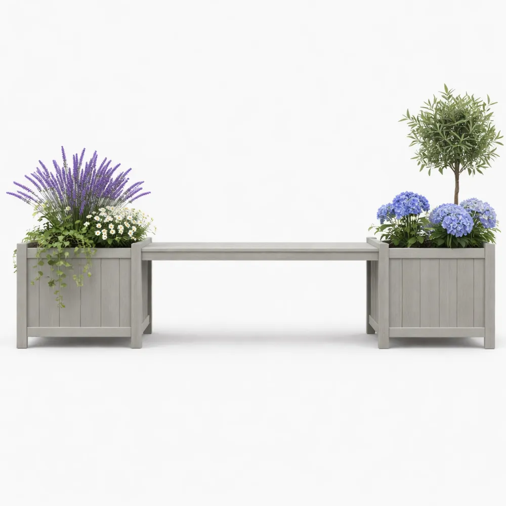 Banc de Jardin en Bois avec Bacs à Fleurs Gris