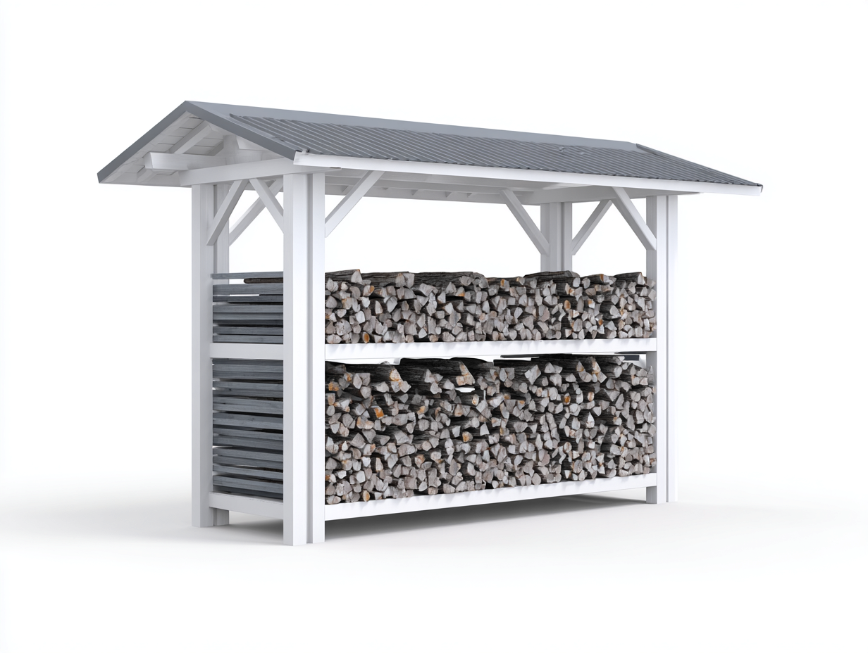 Leñero de exterior madera y acero 180x60x160 cm - blanco-gris - diseño con techo protector-Loftupmart