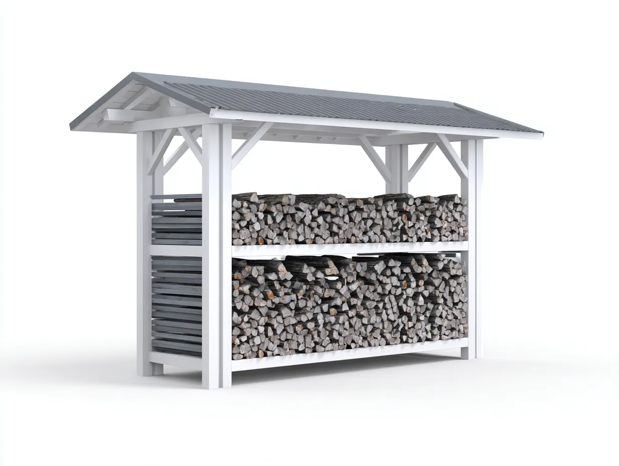 Leñero de exterior madera y acero 180x60x160 cm - blanco-gris - diseño con techo protector-Loftupmart