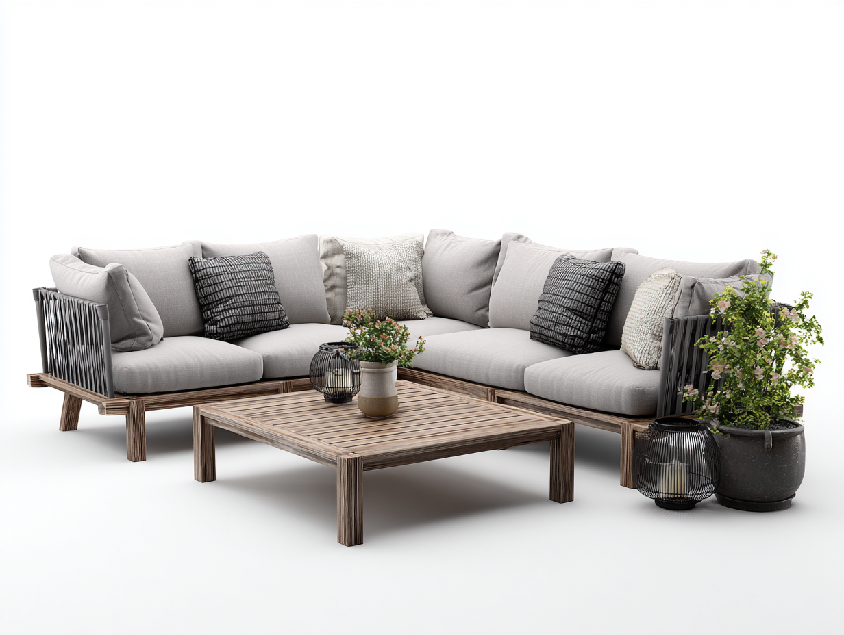 Sofás de jardín de madera con cojines 200 x 200 x 75 cm color madera natural y beige - sofá de jardín esquinero para terraza y jardín - diseño moderno para exterior-Loftupmart