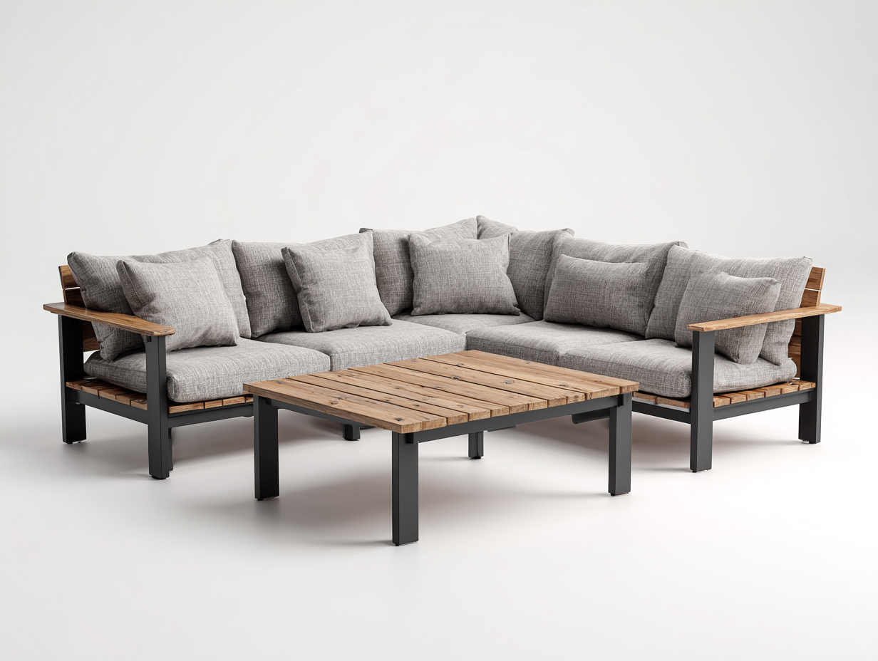 Sofás de jardín de madera y metal con mesa 4 piezas - gris-marrón - conjunto modular - diseño moderno-Loftupmart