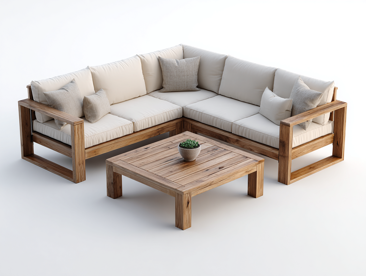 Sofás de jardín de madera maciza con cojines 4 plazas y mesa 90x90x40 cm - marrón-beige - diseño natural-Loftupmart