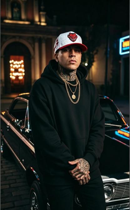 Model wearing El Fantasma white baseball hat with red devil mask emblem and red embroidery for Y2K gothic streetwear outfit