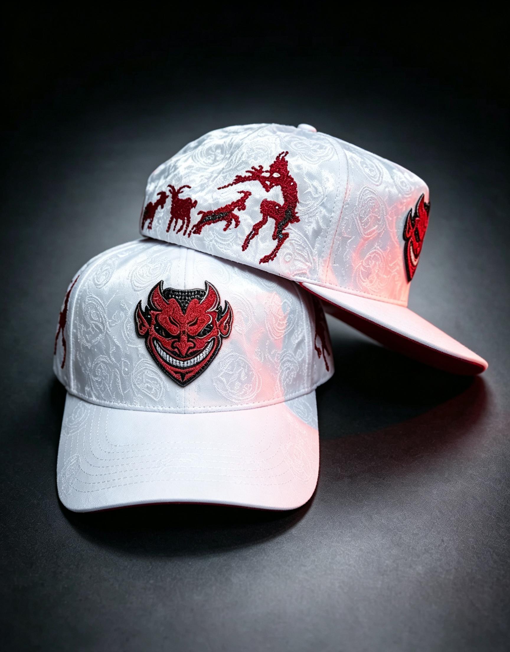 El Fantasma white baseball hat with red devil mask emblem and red goat artwork embroidery for Y2K gothic streetwear
