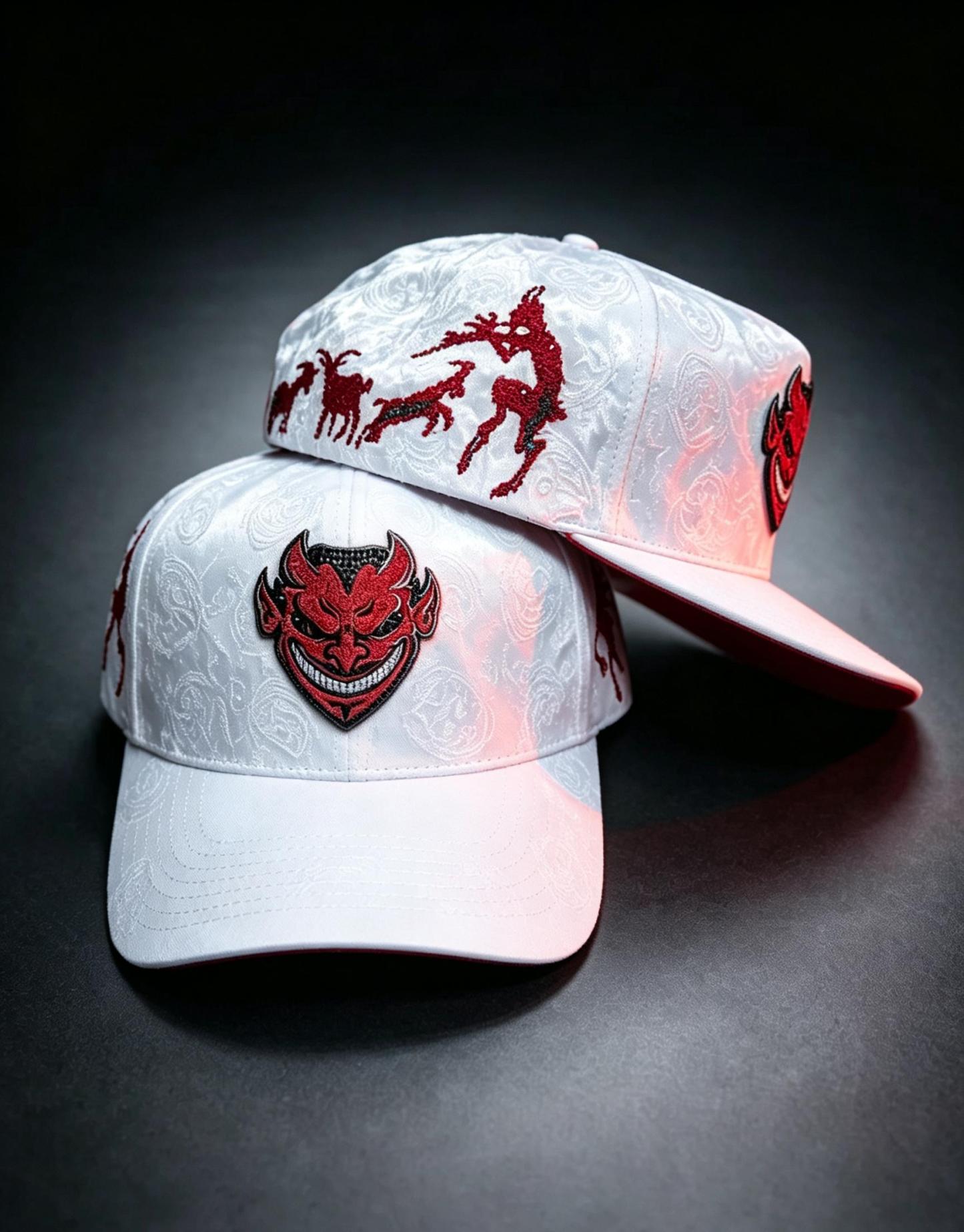El Fantasma white baseball hat with red devil mask emblem and red goat artwork embroidery for Y2K gothic streetwear
