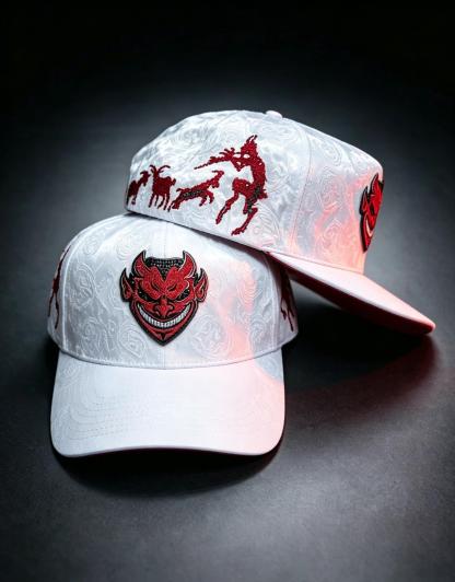El Fantasma white baseball hat with red devil mask emblem and red goat artwork embroidery for Y2K gothic streetwear