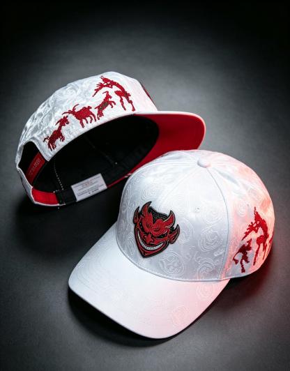 El Fantasma white baseball hat side view featuring red goat artwork embroidery on patterned fabric for Y2K gothic streetwear