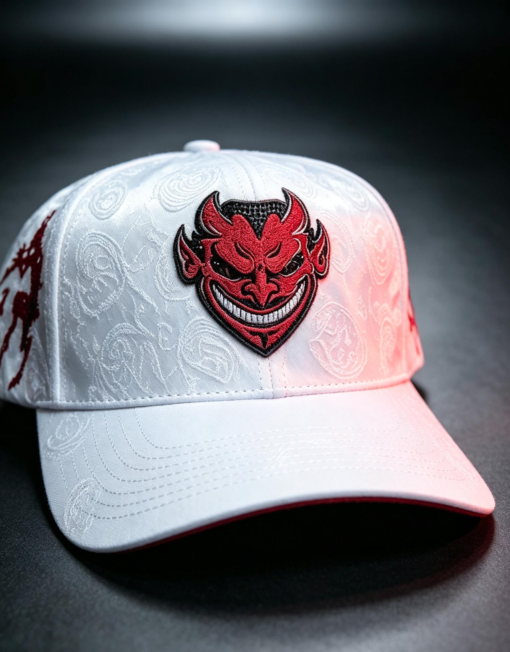 El Fantasma white baseball hat with red devil mask emblem and red goat artwork embroidery for Y2K gothic streetwear
