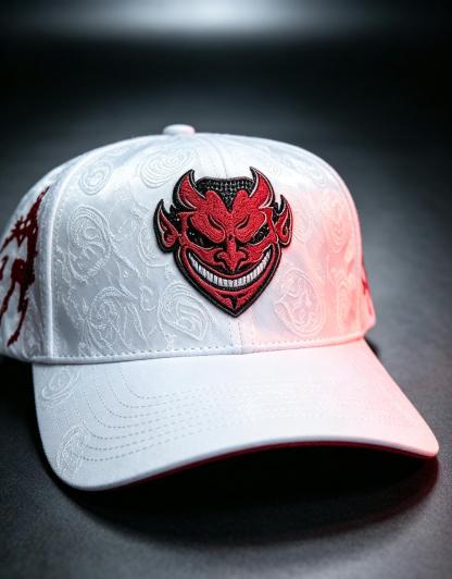 El Fantasma white baseball hat with red devil mask emblem and red goat artwork embroidery for Y2K gothic streetwear