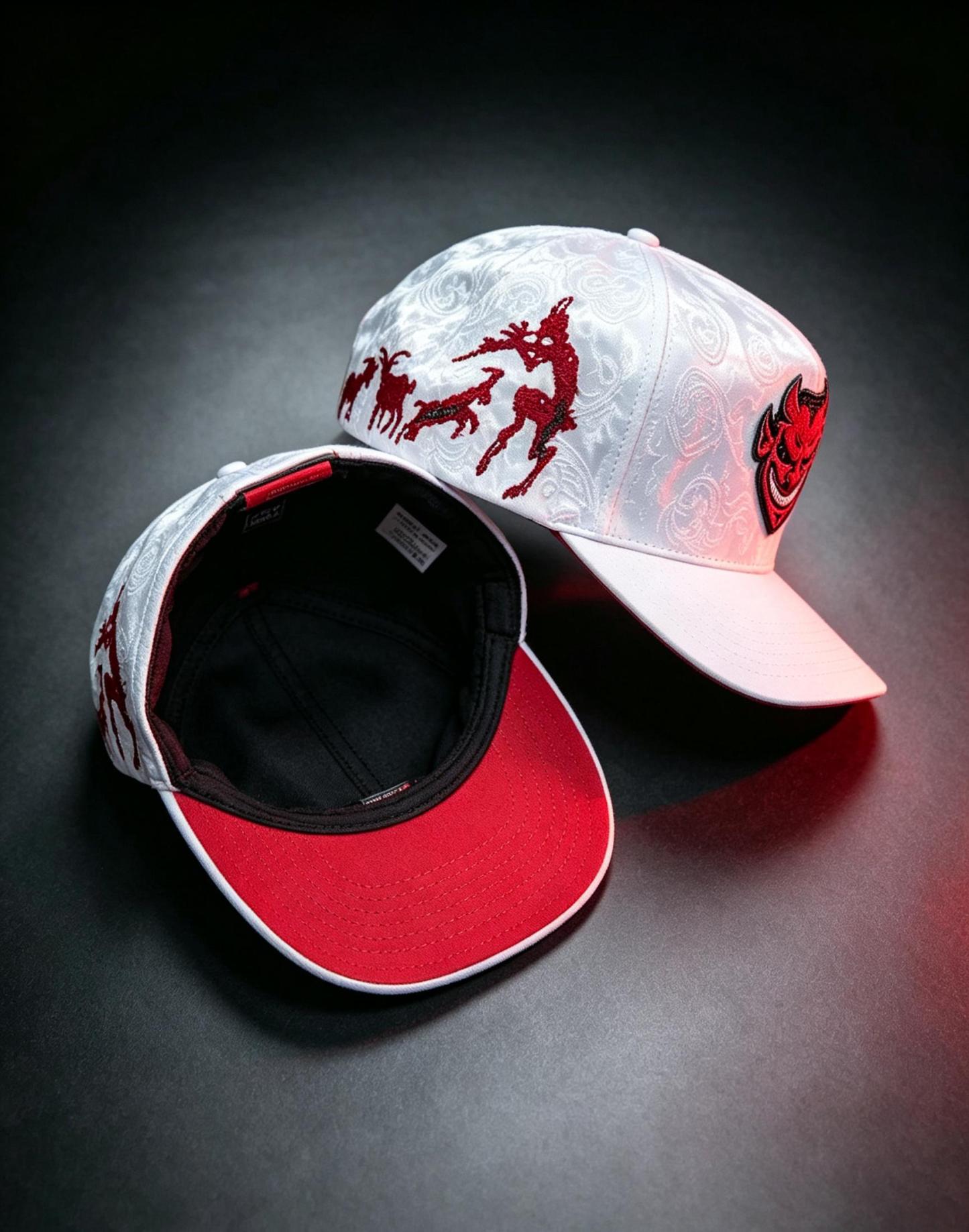 El Fantasma white baseball hat interior view featuring branded sweatband, taped seams, red brim underside, and inner lining