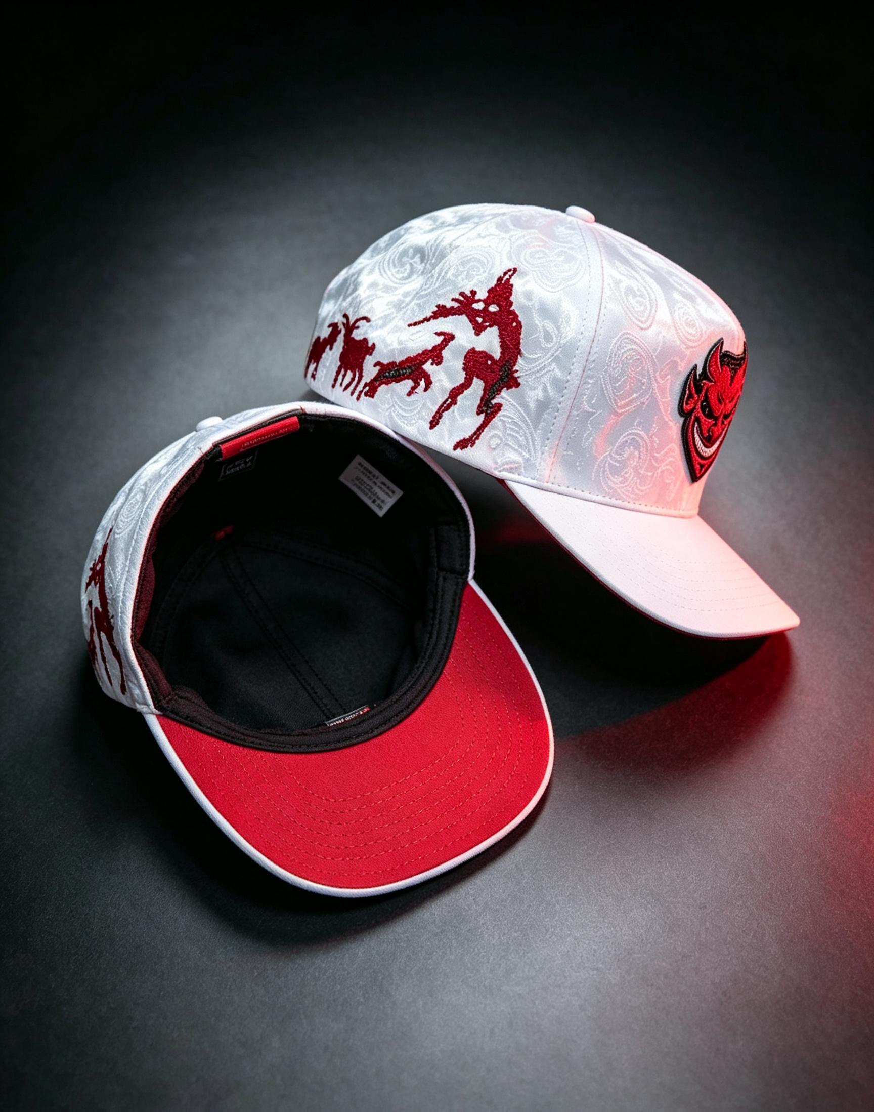 El Fantasma white baseball hat interior view featuring branded sweatband, taped seams, red brim underside, and inner lining