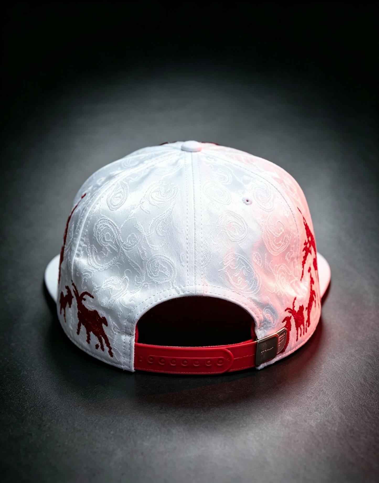 El Fantasma white baseball hat back view featuring adjustable strap closure and red contrast gothic streetwear detailing