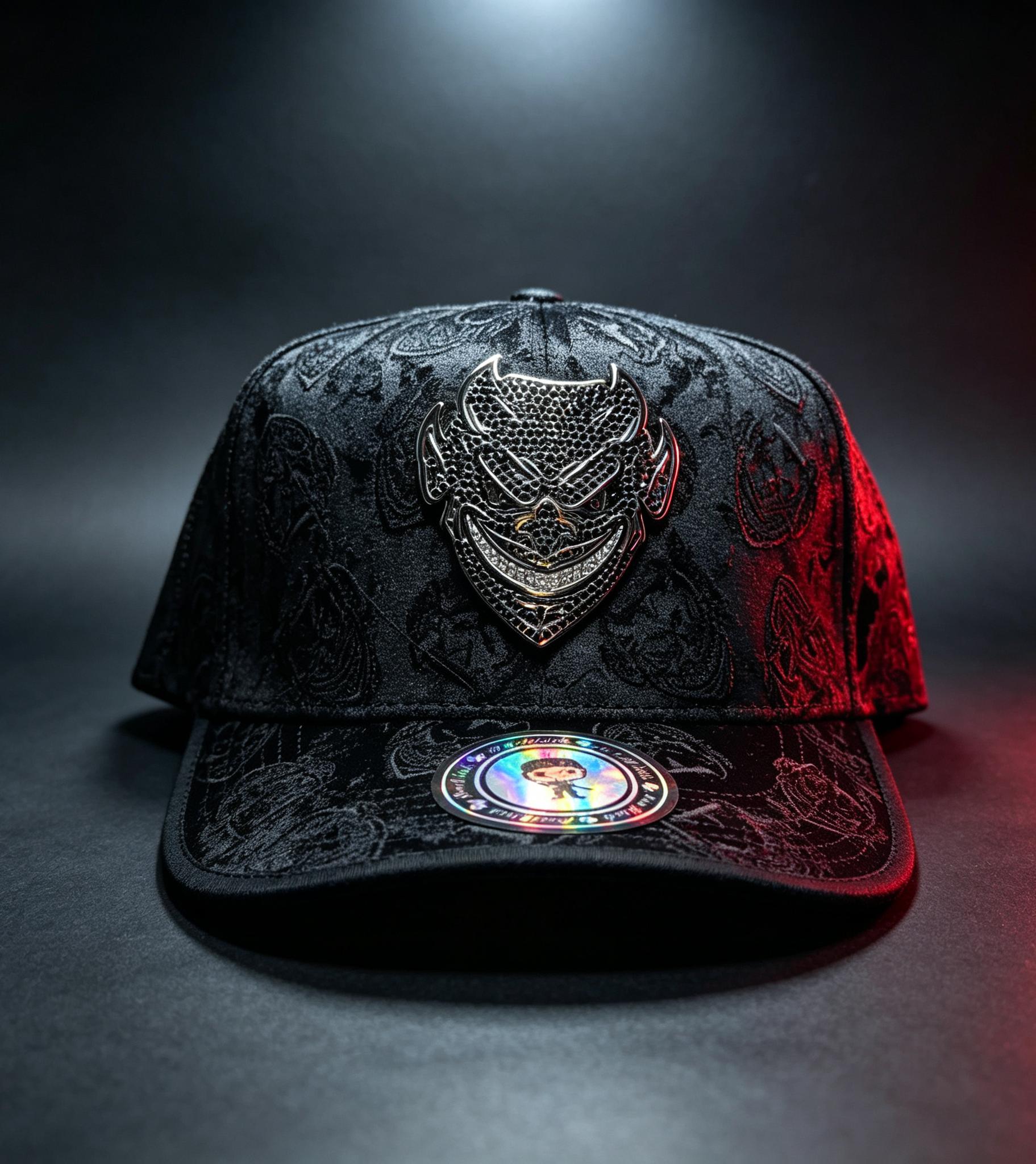 El Fantasma black baseball hat with silver rhinestone devil mask emblem on patterned fabric for Y2K gothic streetwear