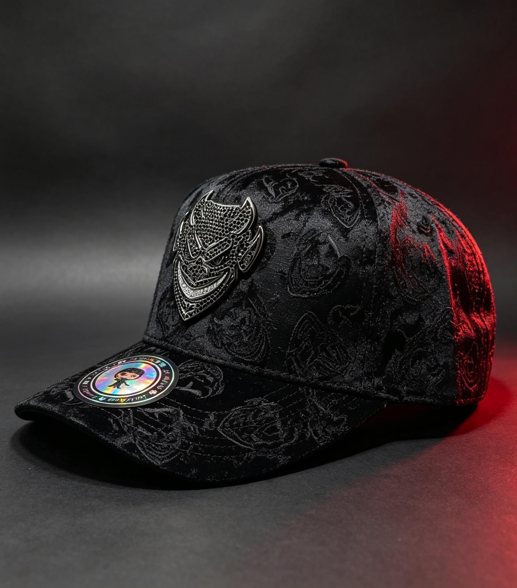 El Fantasma black baseball hat with silver rhinestone devil mask emblem on patterned fabric for Y2K gothic streetwear