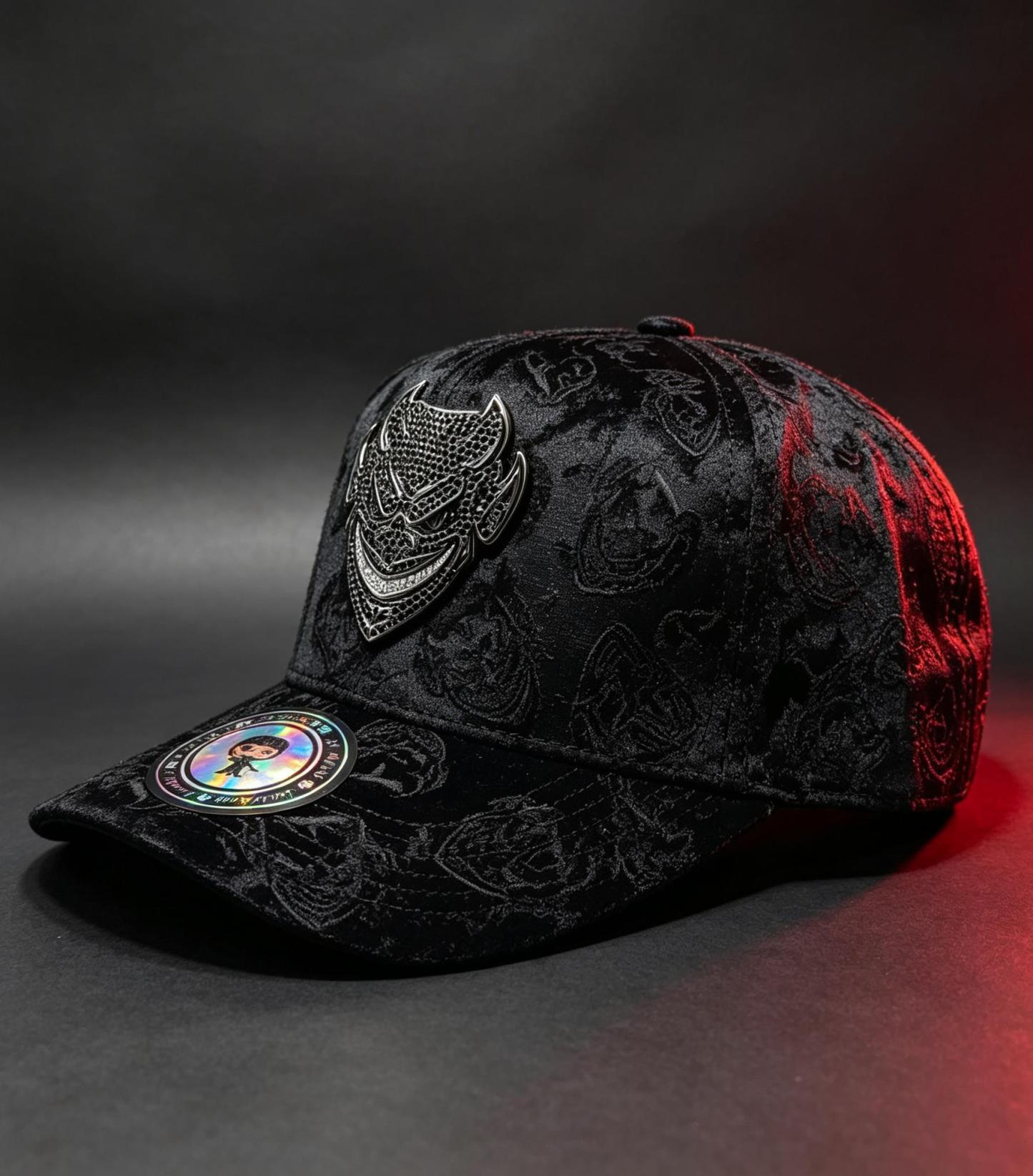 El Fantasma black baseball hat with silver rhinestone devil mask emblem on patterned fabric for Y2K gothic streetwear
