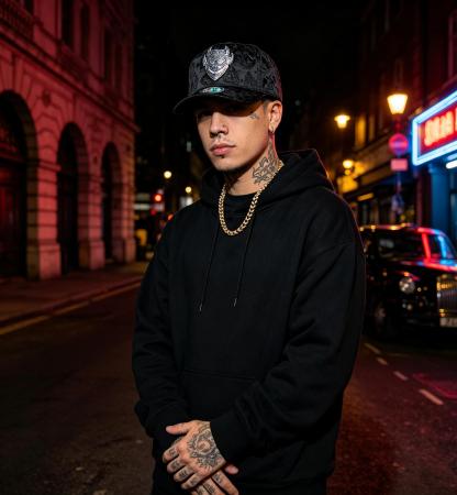 Model wearing El Fantasma black baseball hat with silver rhinestone devil mask emblem for Y2K gothic streetwear outfit