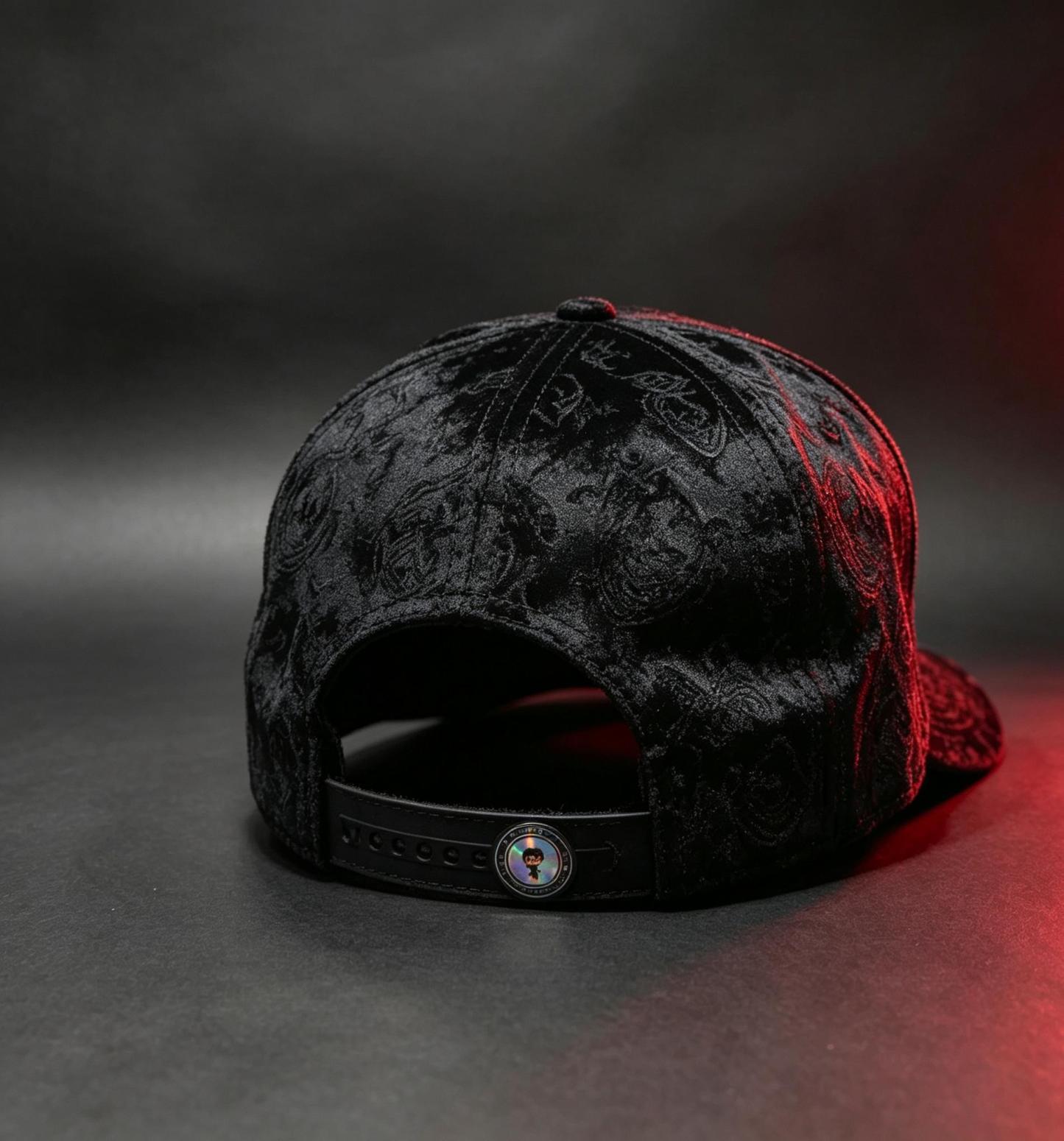 El Fantasma black baseball hat back view featuring adjustable strap closure and dark gothic streetwear detailing