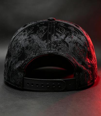 El Fantasma black baseball hat back view featuring adjustable strap closure and dark gothic streetwear detailing