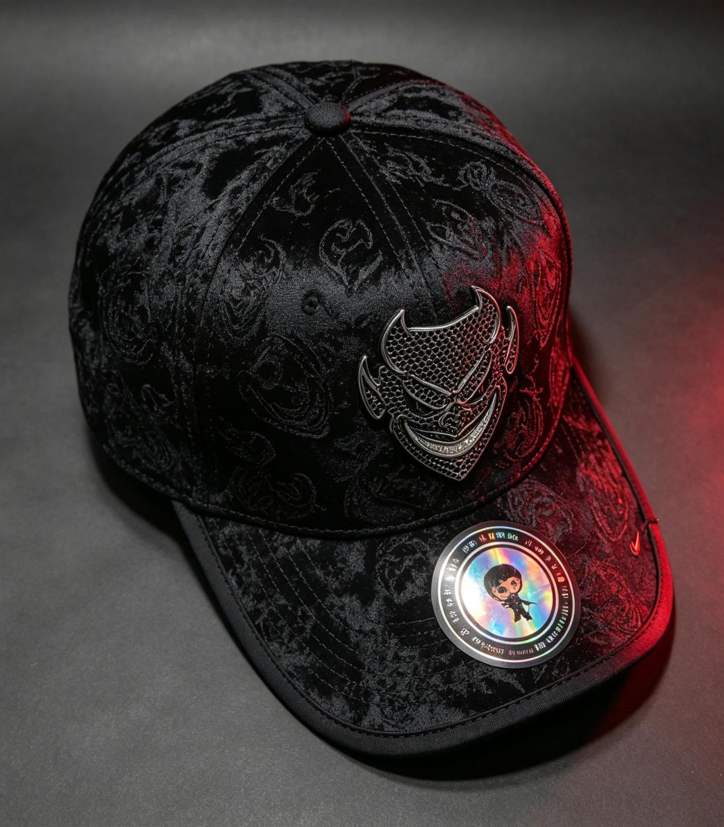 El Fantasma black baseball hat side view showcasing patterned fabric texture and gothic streetwear profile