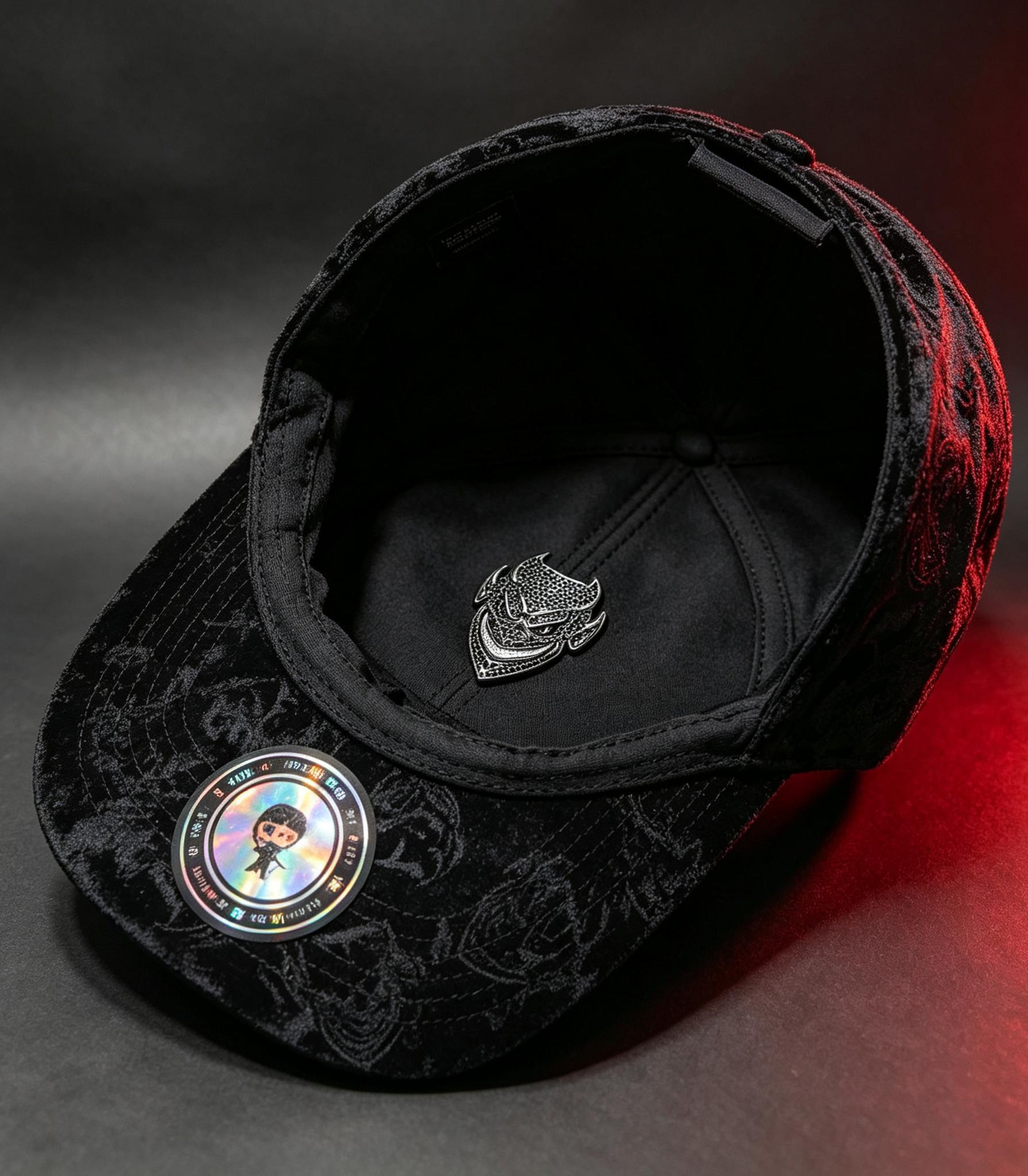 El Fantasma black baseball hat interior view featuring branded sweatband, taped seams, and inner lining