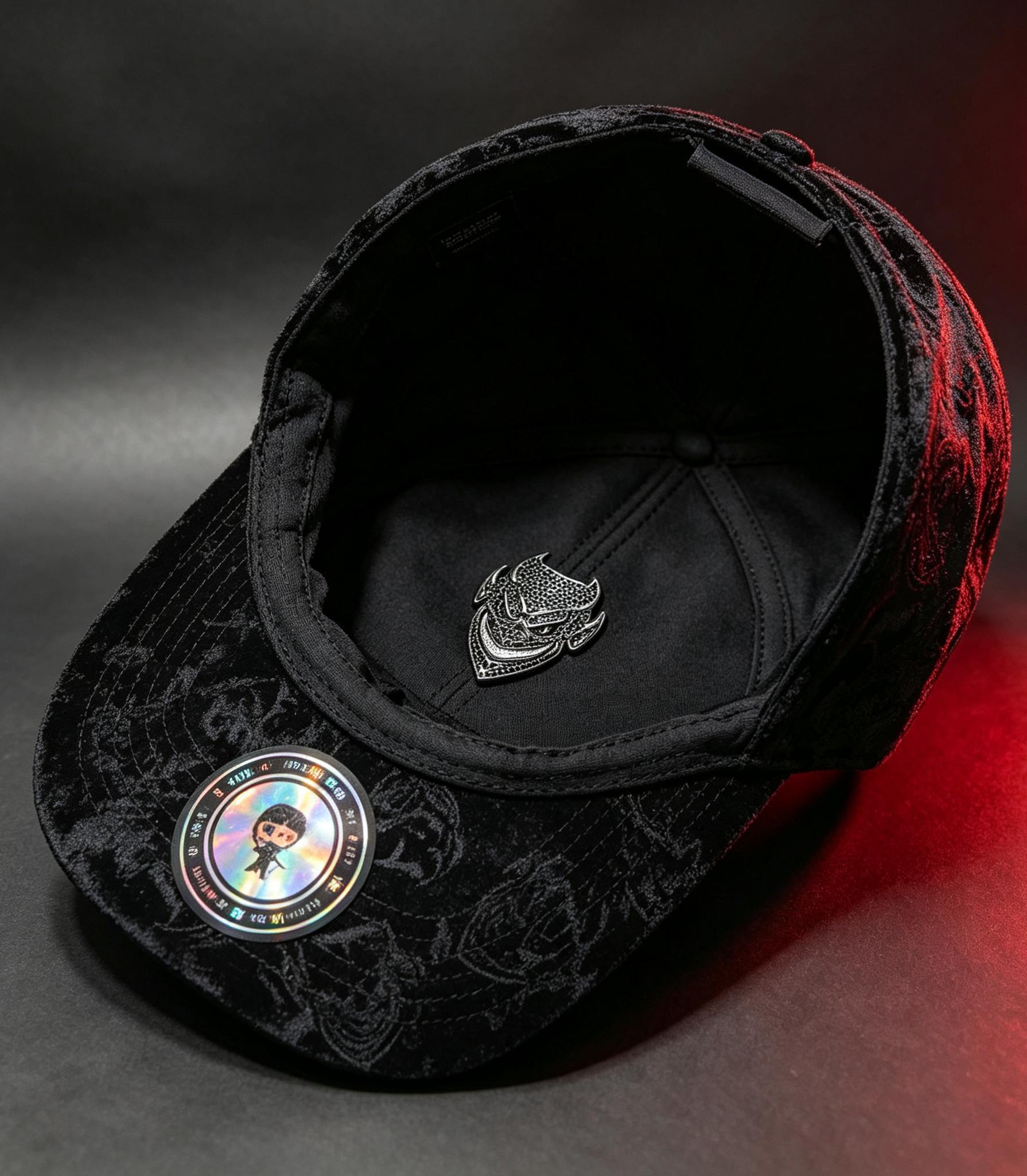 El Fantasma black baseball hat interior view featuring branded sweatband, taped seams, and inner lining