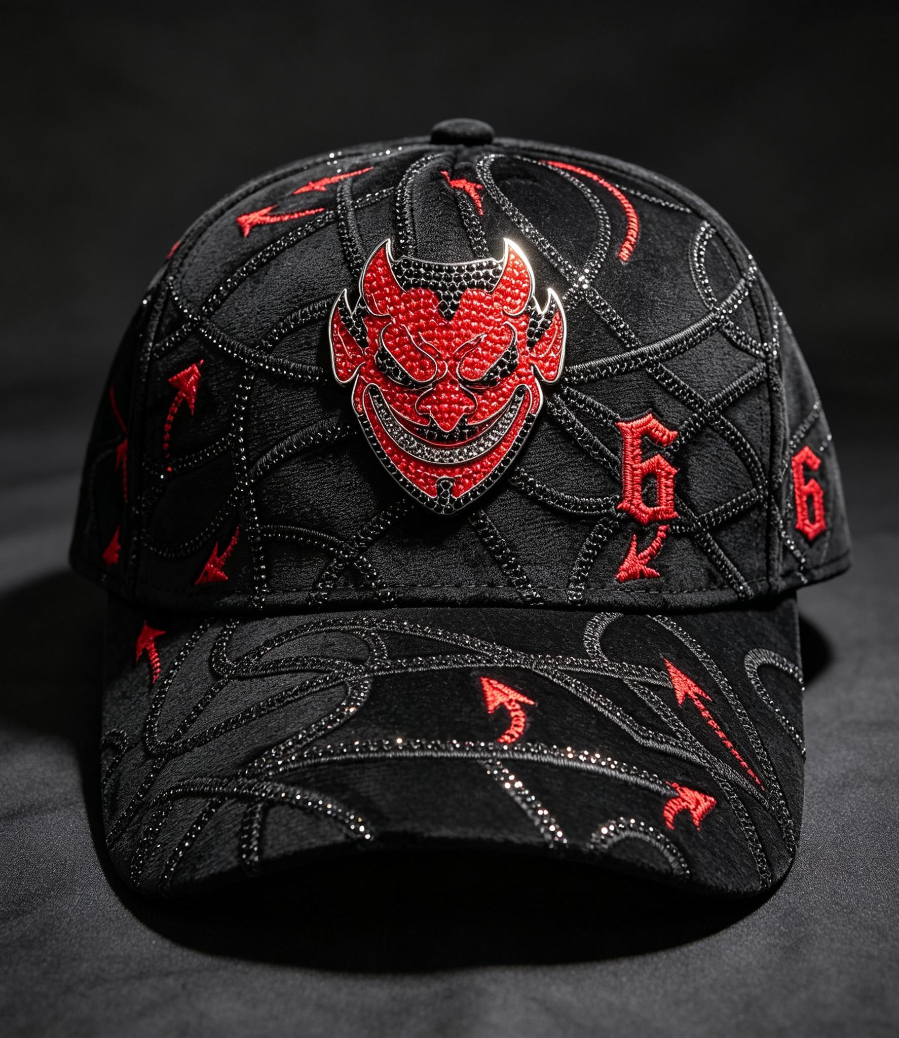 Gorra Diablo Chucky black baseball hat with red rhinestone devil mask for Y2K gothic streetwear
