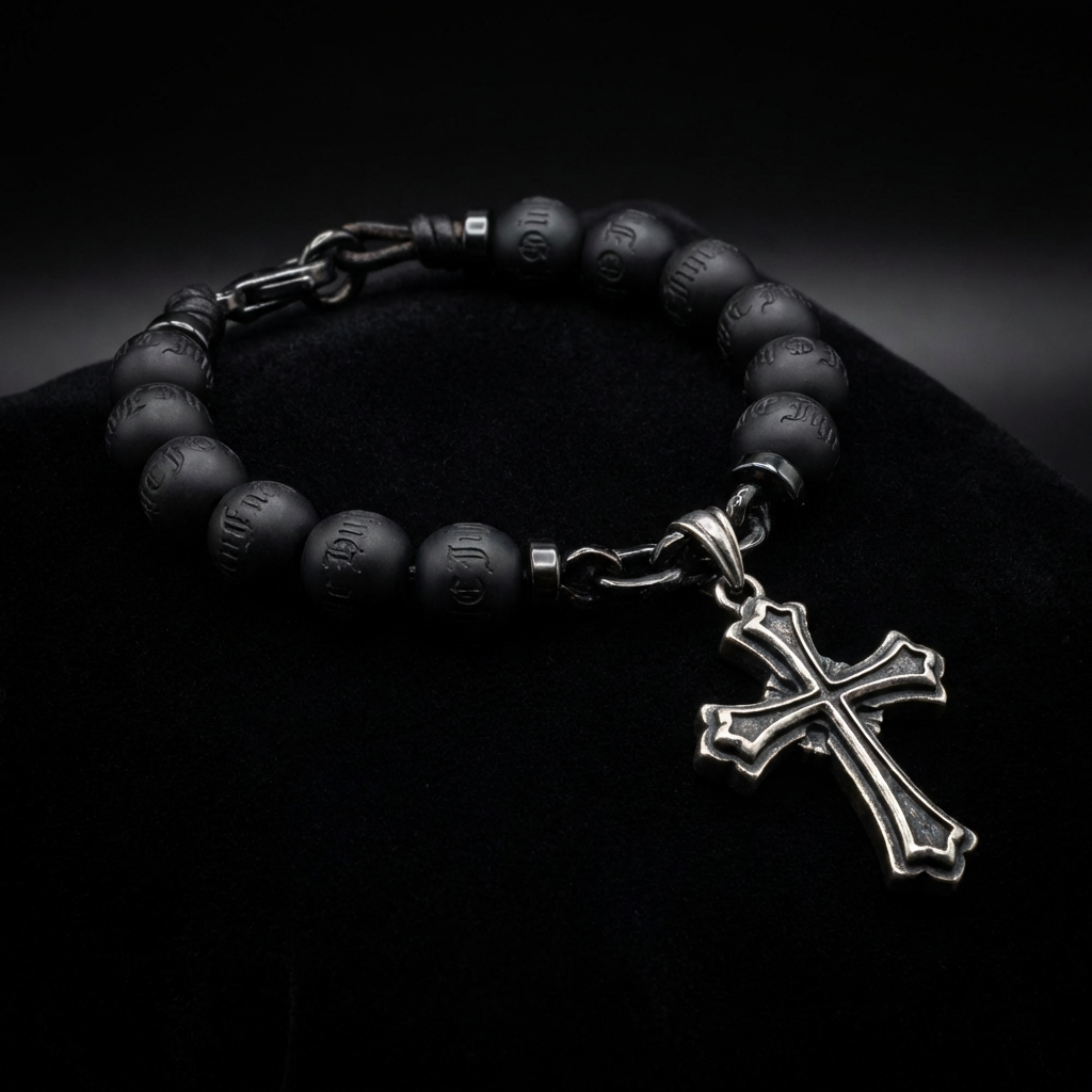 Black Prayer Bead Bracelet with Cross Pendant