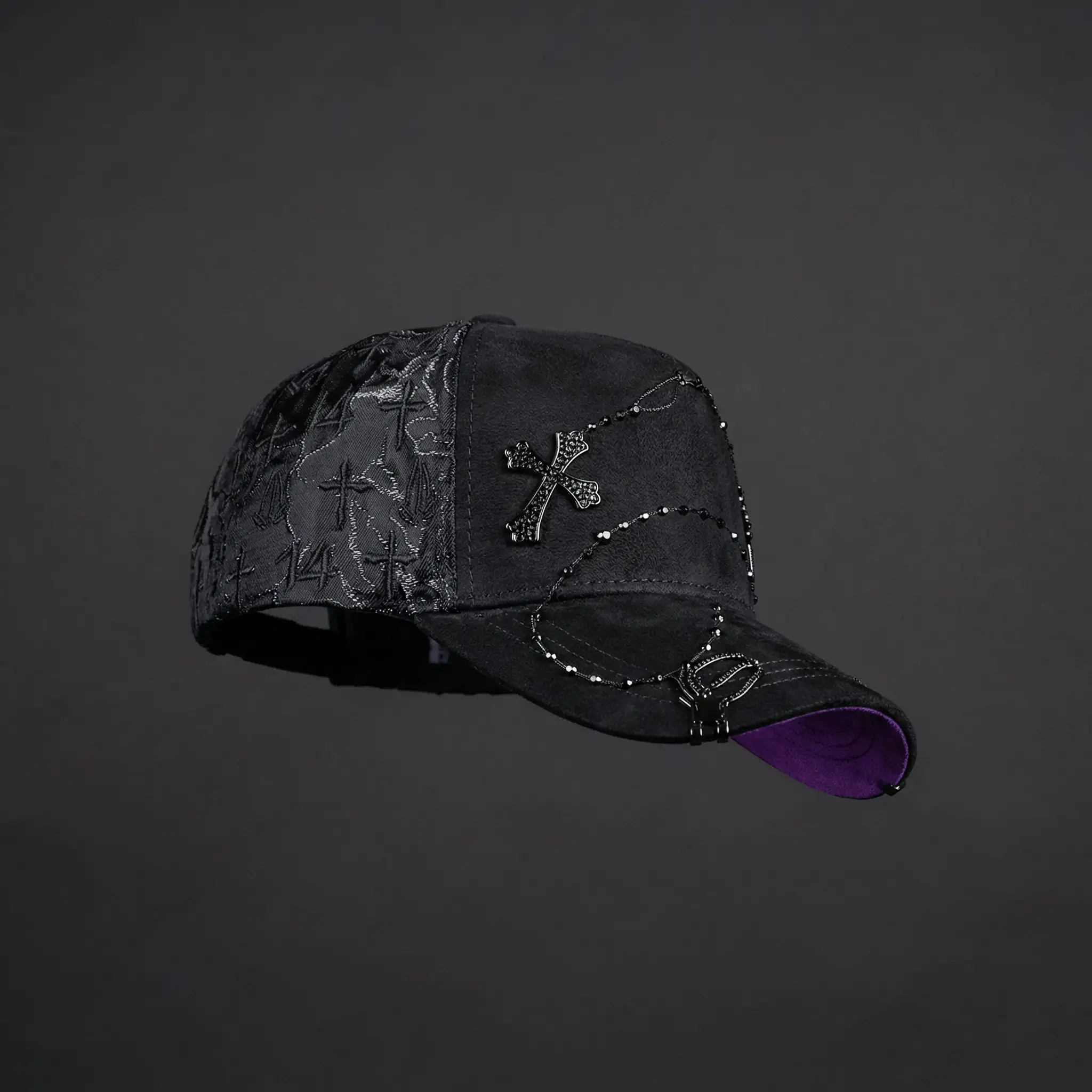 Black El Rosario rosary cap featuring intricate cross embroidery for stylish Christian streetwear.