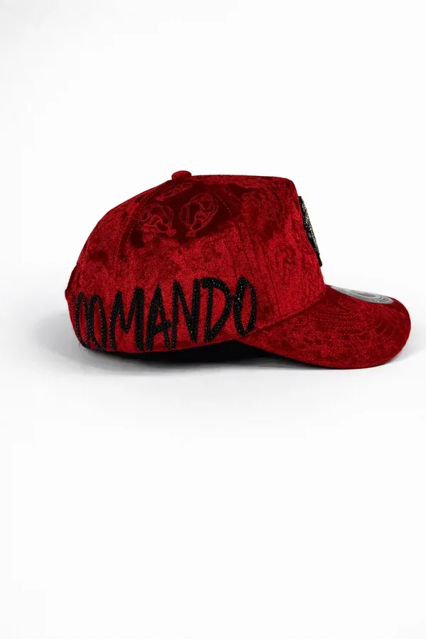 Interior view of Ei Boo red velvet baseball cap showing premium sweatband and inner lining quality craftsmanship