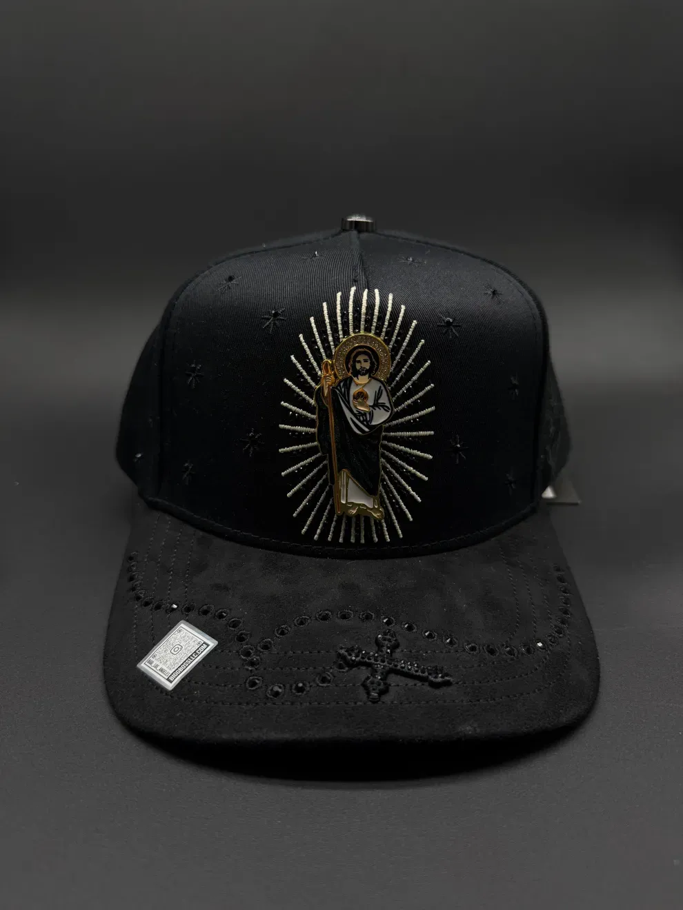 Black San Judas Tadeo Snapback Cap | Gothic Saint Jude Metal Emblem Hat with Rhinestone Rosary