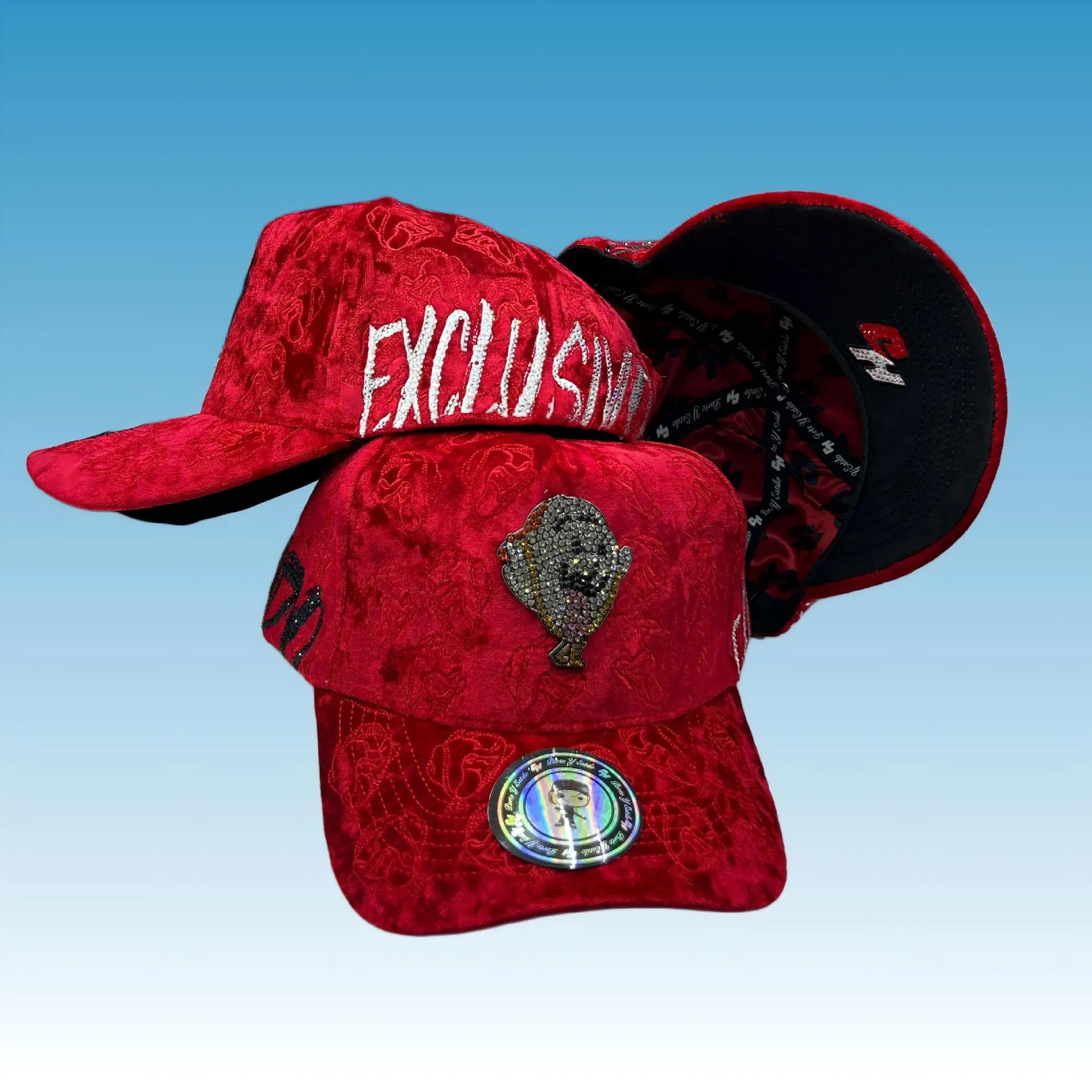 Ei Boo red velvet baseball cap with sparkling rhinestone ghost emblem for Y2K luxury streetwear
